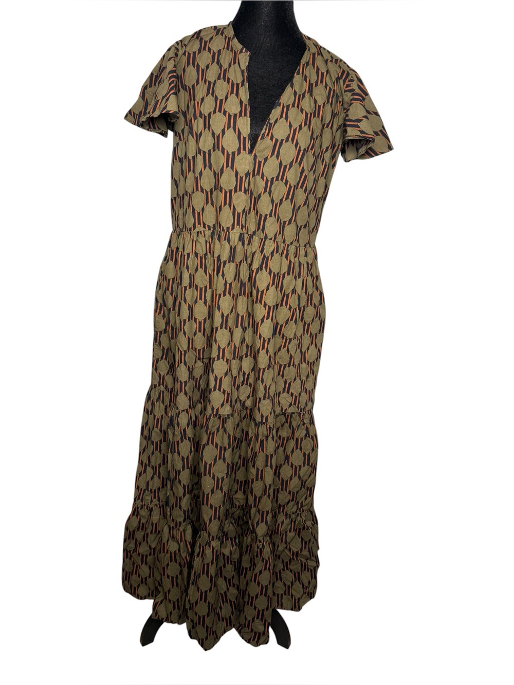 Oliphant Dipsy VNeck Olive Green Tiered Flutter Sleeve Maxi Dress Women Size M - Picture 2 of 13